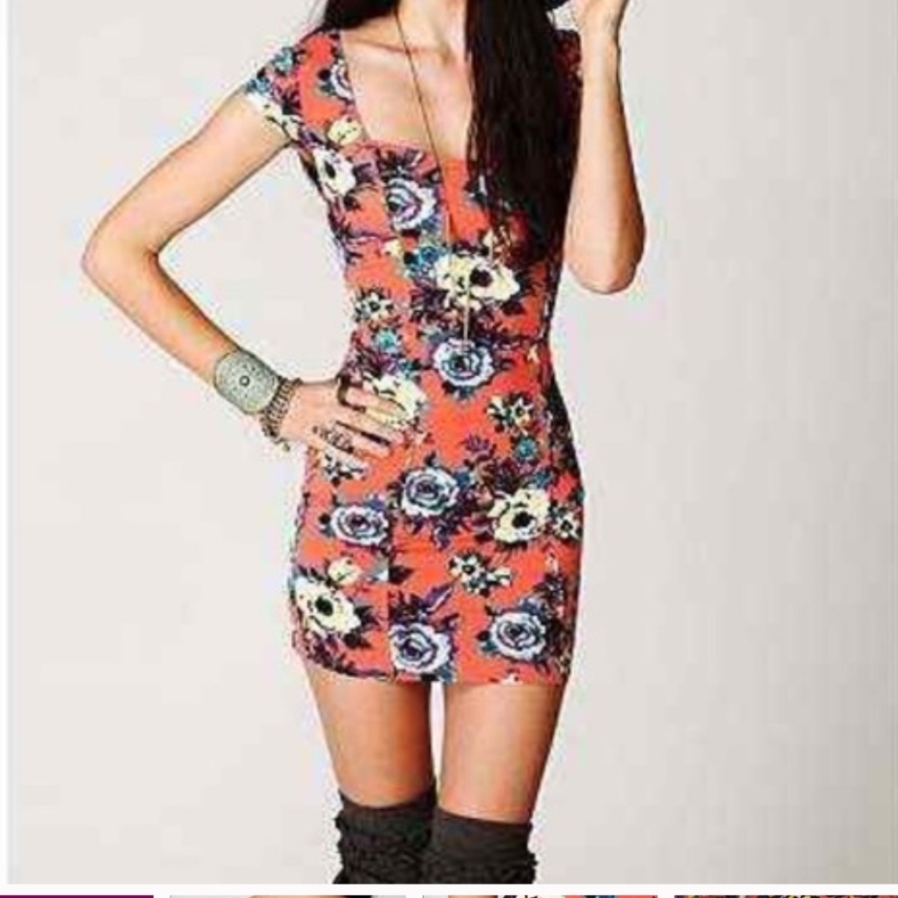 Free People Floral orange multi colored cap sleeve cage back strap mini dress